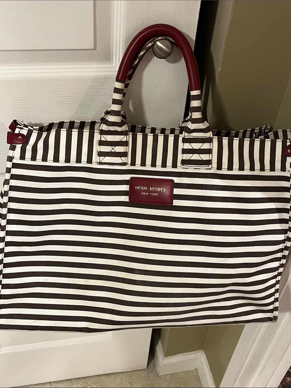 henri bendel Black and White Striped Tote with Burgundy Handles